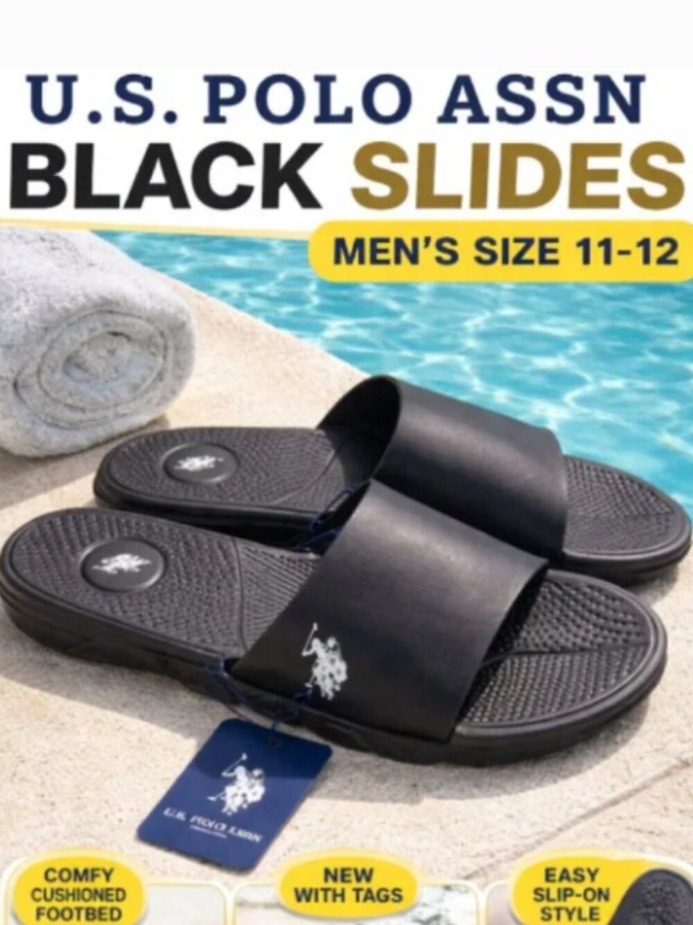 U.S. Polo Assn Black Slide Sandals Men's Size 11-12 New With Tags